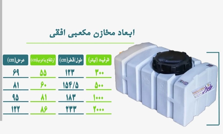 انواع مخازن آب مکعبی افقی در سایزهای مختلف سه لایه، ضد جلبک و ضد باکتریال دارای گارانتی