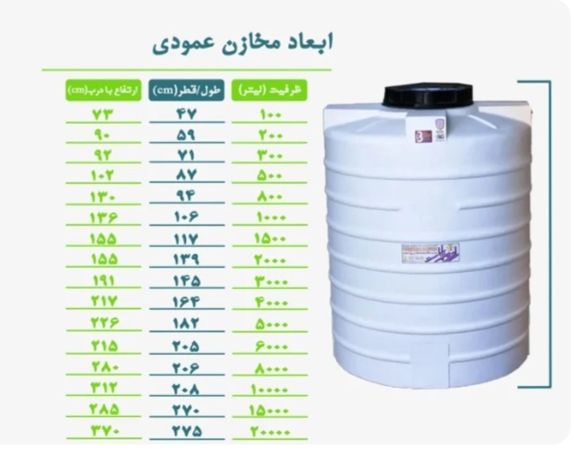 انواع مخازن آب عمودی در سایزهای مختلف سه لایه، ضد جلبک و ضد باکتریال دارای گارانتی